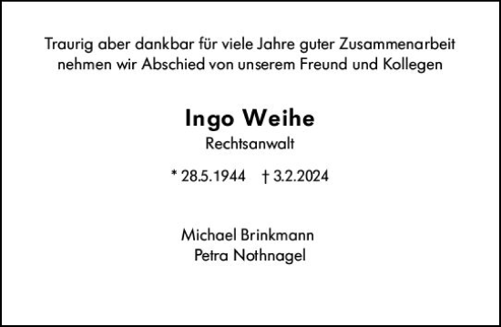Traueranzeige von Ingo Weihe von Allgemeine Zeitung Mainz