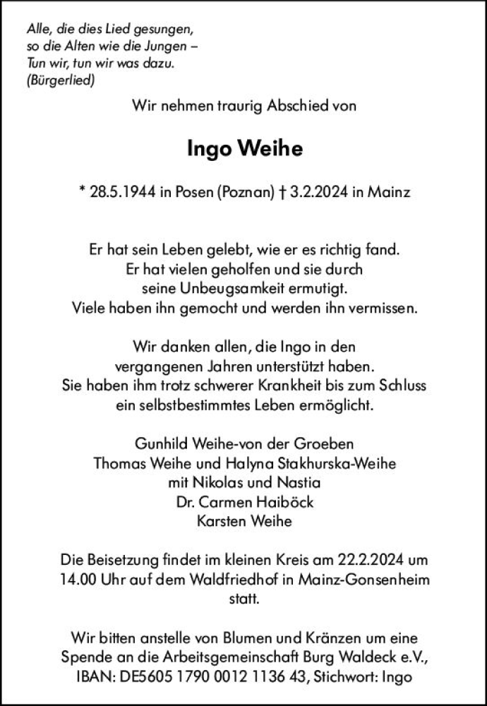  Traueranzeige für Ingo Weihe vom 17.02.2024 aus Allgemeine Zeitung Mainz