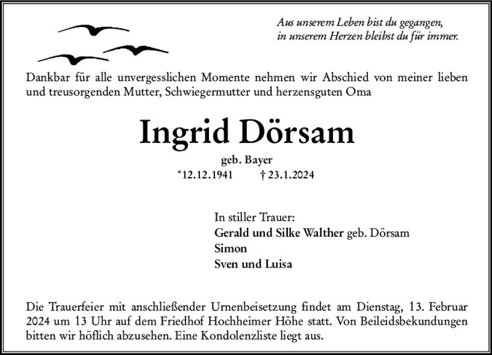  Traueranzeige für Ingrid Dörsam vom 10.02.2024 aus Wormser Zeitung