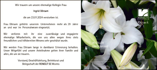 Traueranzeige von Ingrid Dörsam von Wormser Zeitung