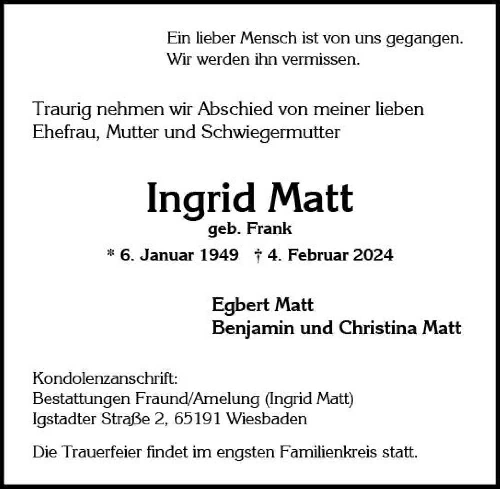  Traueranzeige für Ingrid Matt vom 17.02.2024 aus Wiesbadener Kurier
