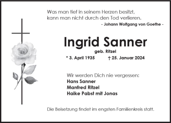 Traueranzeige von Ingrid Sanner von Wiesbadener Kurier