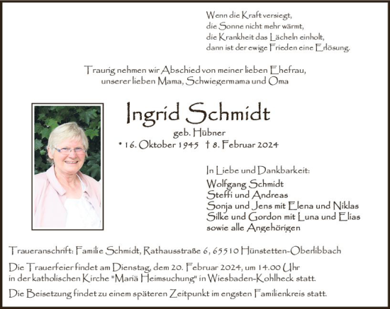 Traueranzeige von Ingrid Schmidt von Wiesbadener Kurier