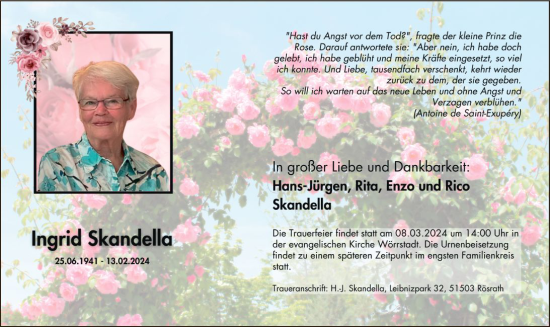 Traueranzeige von Ingrid Skandell von Allgemeine Zeitung Alzey