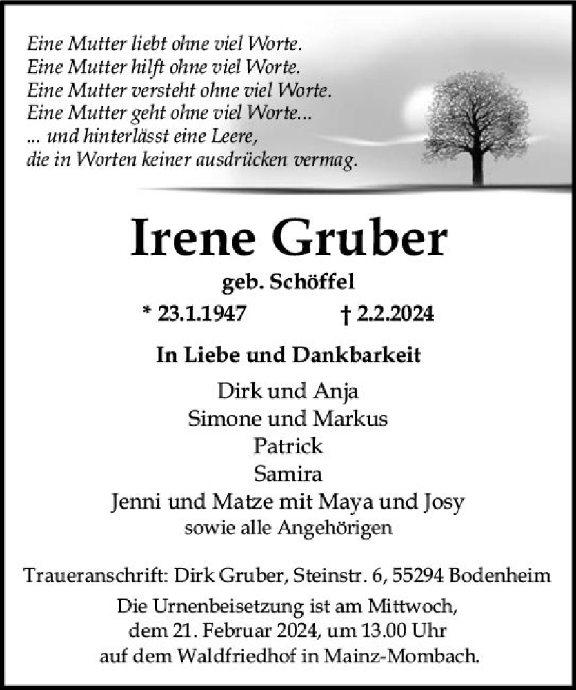  Traueranzeige für Irene Gruber vom 17.02.2024 aus Allgemeine Zeitung Mainz