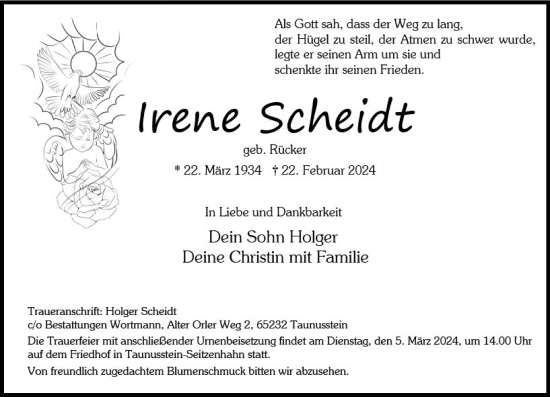 Traueranzeige von Irene Scheidt von Wiesbadener Kurier
