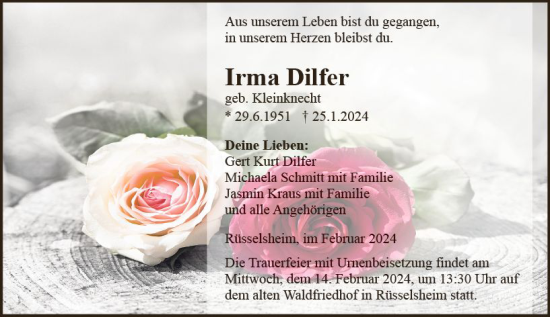 Traueranzeige von Irma Dilfer von Rüsselsheimer Echo