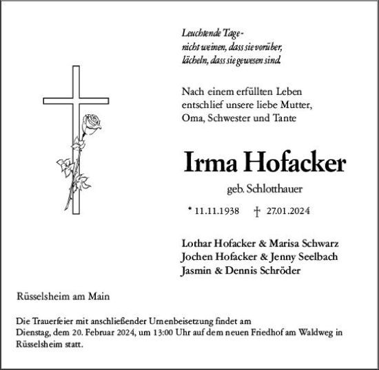 Traueranzeige von Irma Hofacker von Rüsselsheimer Echo