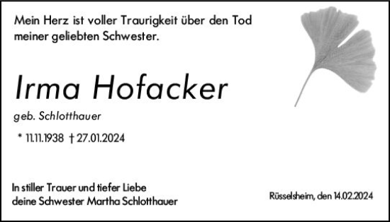 Traueranzeige von Irma Hofacker von Rüsselsheimer Echo