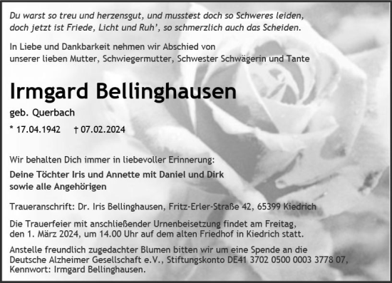 Traueranzeige von Irmgard Bellinghausen von Rheingau Kurier