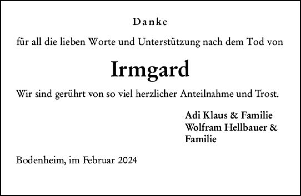  Traueranzeige für Irmgard Klaus vom 10.02.2024 aus Allgemeine Zeitung Mainz