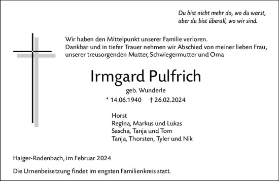 Traueranzeige von Irmgard Pulfrich von Dill Block