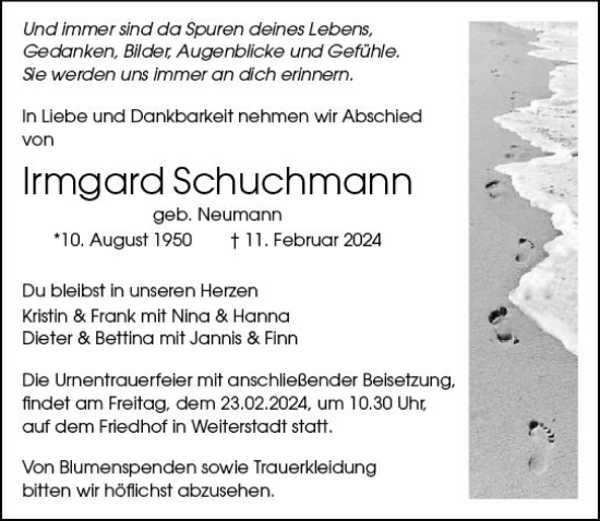 Traueranzeige von Irmgard Schuchmann von Darmstädter Echo