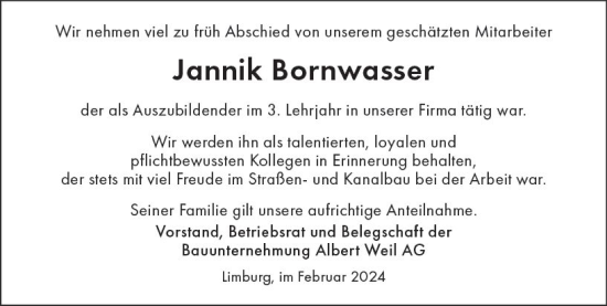 Traueranzeige von Jannik Bornwasser von Nassauische Neue Presse