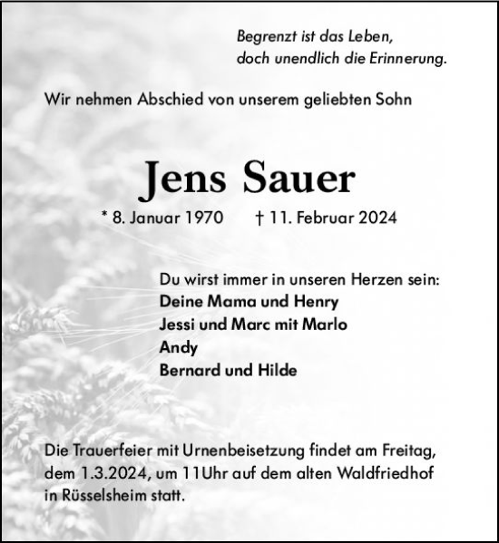 Traueranzeige von Jens Sauer von Rüsselsheimer Echo