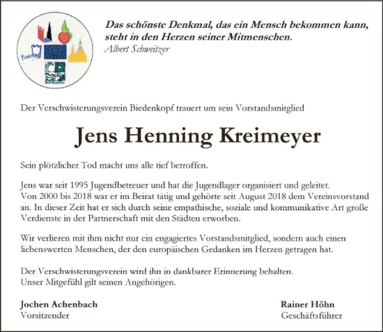 Traueranzeige von Jens Henning Kreimeyer von Hinterländer Anzeiger