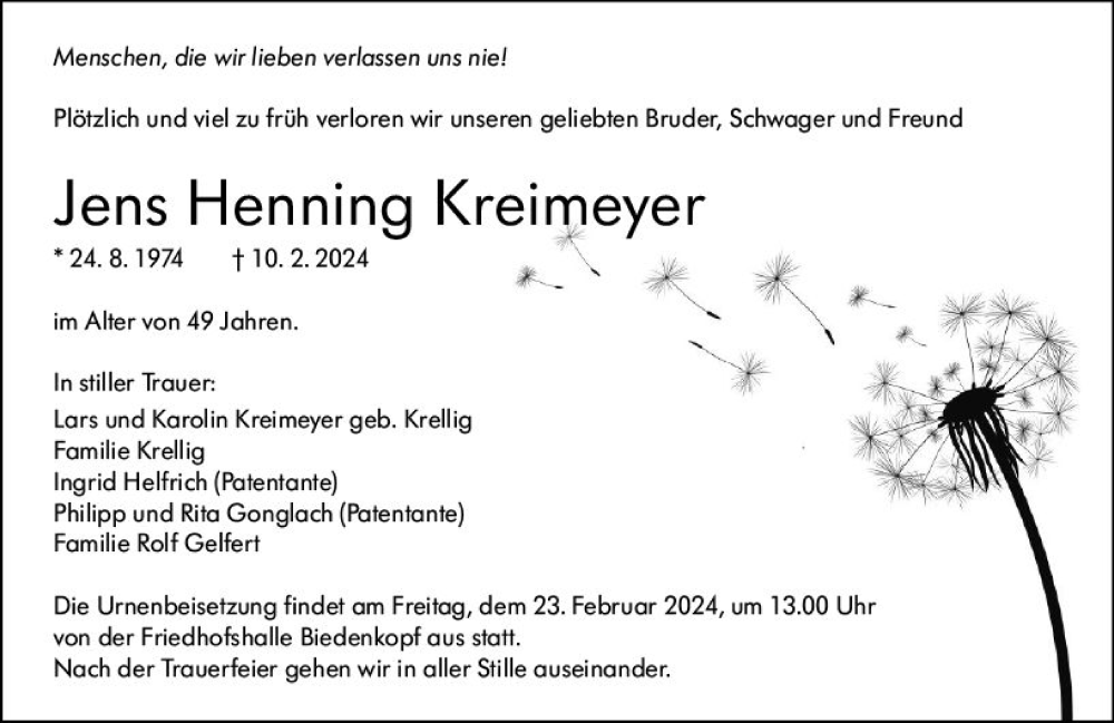  Traueranzeige für Jens Henning Kreimeyer vom 19.02.2024 aus Hinterländer Anzeiger