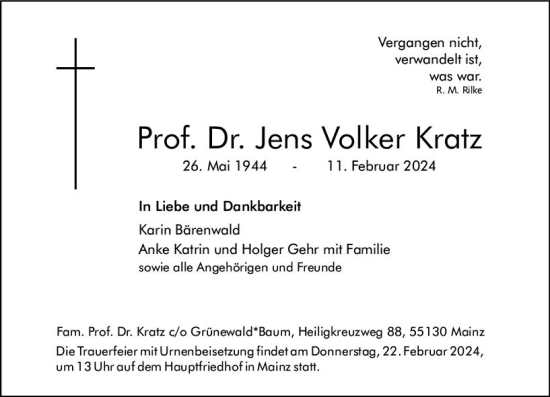 Traueranzeige von Jens Volker Kratz von Allgemeine Zeitung Mainz