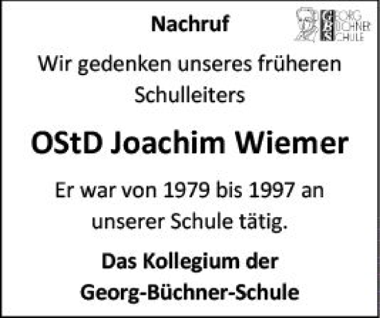 Traueranzeige von Joachim Wiemer von Darmstädter Echo
