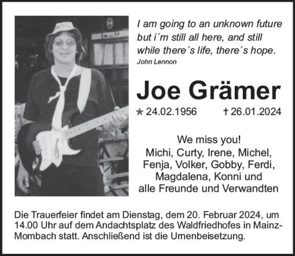  Traueranzeige für Joe Grämer vom 17.02.2024 aus Allgemeine Zeitung Mainz