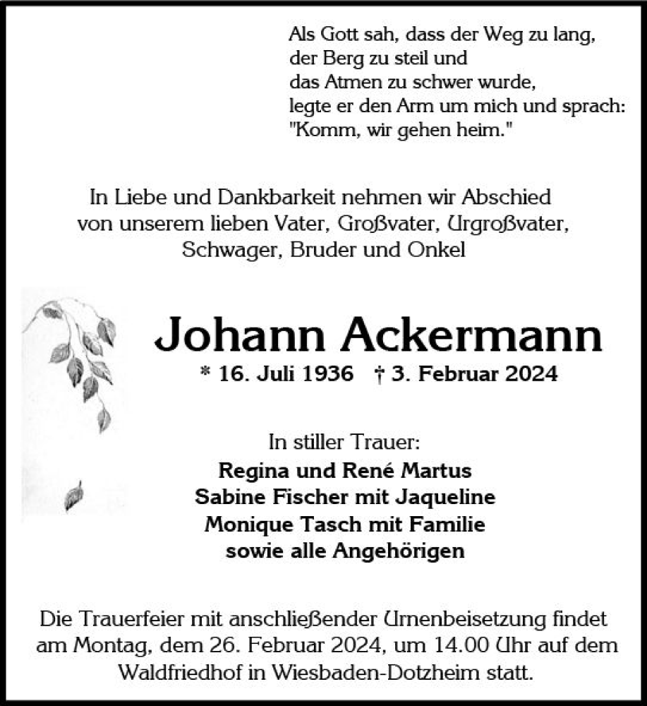  Traueranzeige für Johann Ackermann vom 17.02.2024 aus Wiesbadener Kurier