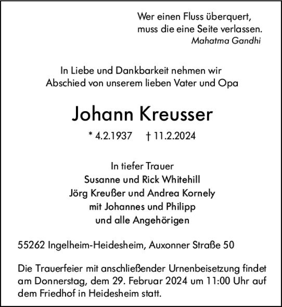  Traueranzeige für Johann Kreusser vom 24.02.2024 aus Allgemeine Zeitung Bingen/Ingelheim