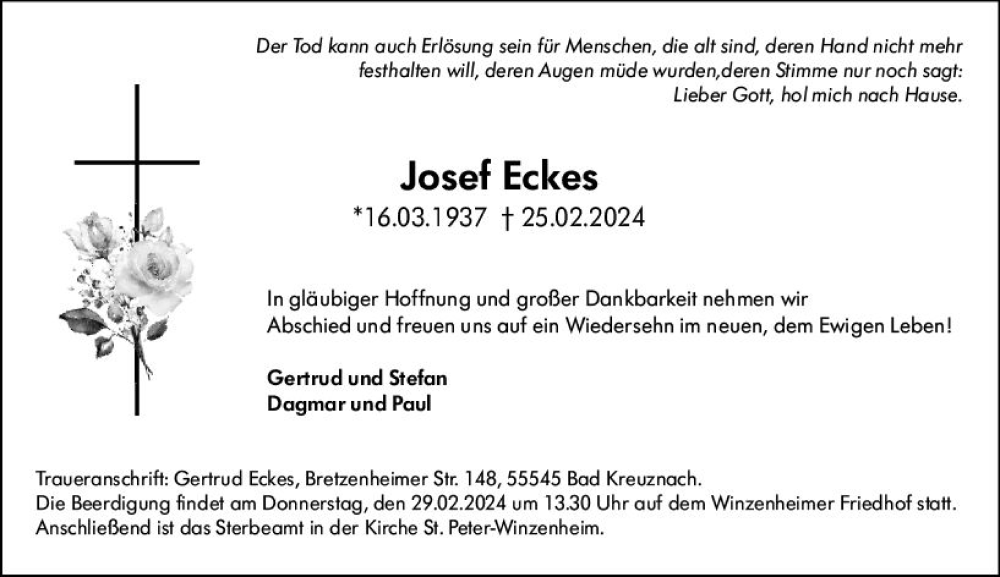  Traueranzeige für Josef Eckes vom 28.02.2024 aus Allgemeine Zeitung Bad Kreuznach