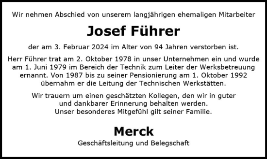 Traueranzeige von Josef Führer von Darmstädter Echo