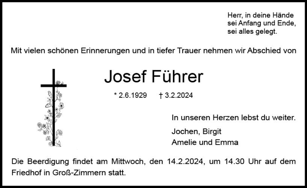  Traueranzeige für Josef Führer vom 10.02.2024 aus Darmstädter Echo