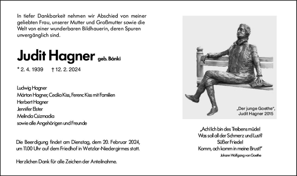  Traueranzeige für Judit Hagner vom 16.02.2024 aus Wetzlarer Neue Zeitung