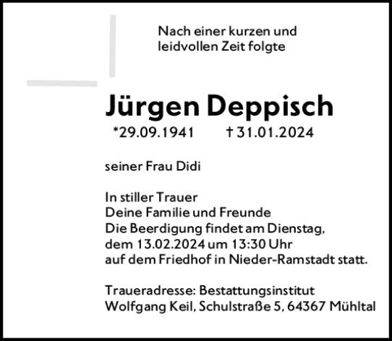 Traueranzeige von Jürgen Deppisch von Darmstädter Echo