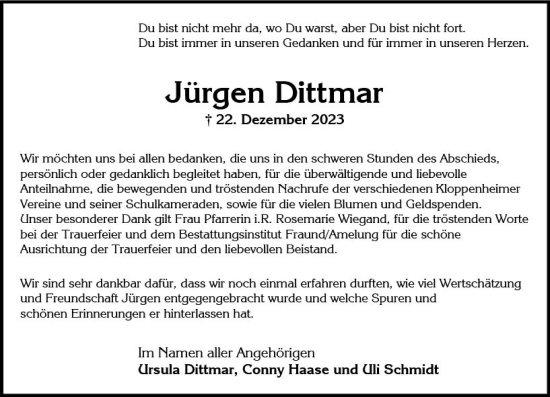 Traueranzeige von Jürgen Dittmar von Wiesbadener Kurier