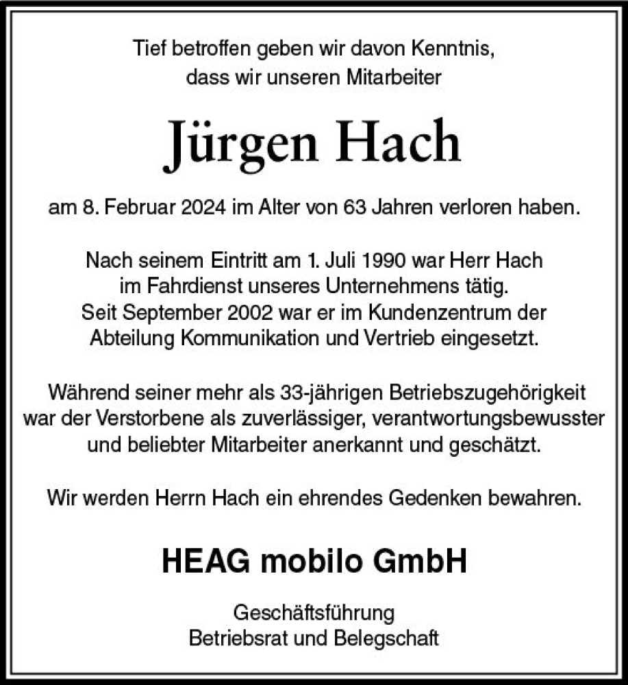  Traueranzeige für Jürgen Hach vom 19.02.2024 aus Darmstädter Echo