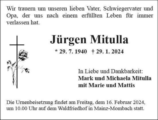 Traueranzeige von Jürgen Mitulla von Allgemeine Zeitung Alzey