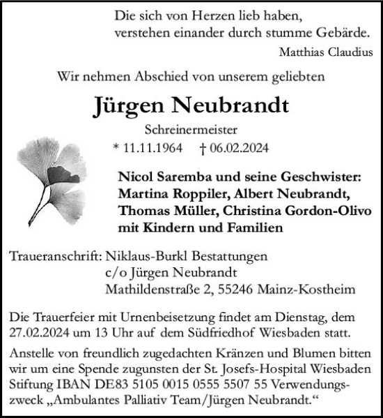 Traueranzeige von Jürgen Neubrandt von Wiesbadener Kurier
