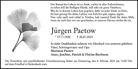 Traueranzeige von Jürgen Paetow von Darmstädter Echo