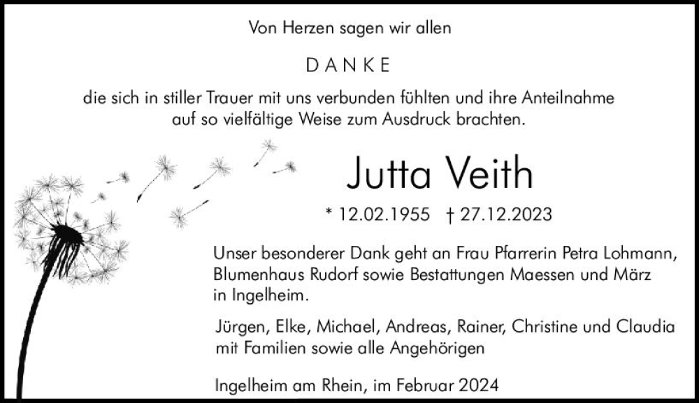  Traueranzeige für Jutta Veith vom 03.02.2024 aus Allgemeine Zeitung Bingen/Ingelheim