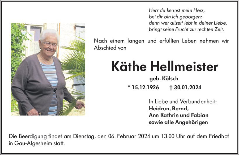  Traueranzeige für Käthe Hellmeister vom 03.02.2024 aus Allgemeine Zeitung Bingen/Ingelheim