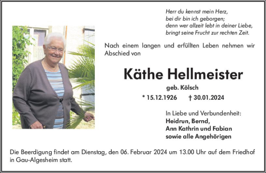 Traueranzeige von Käthe Hellmeister von Allgemeine Zeitung Bingen/Ingelheim