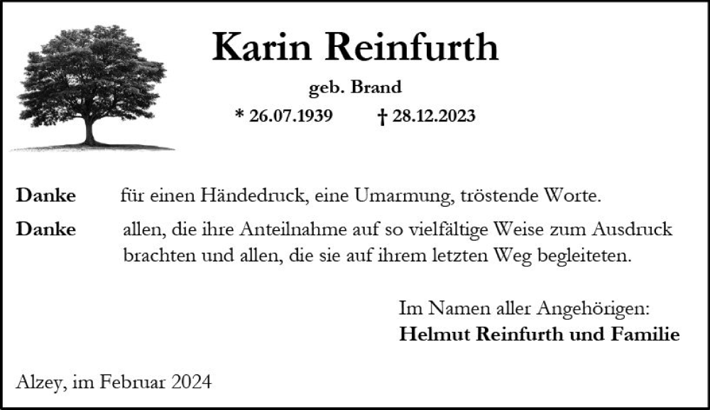  Traueranzeige für Karin Reinfurth vom 10.02.2024 aus Allgemeine Zeitung Alzey