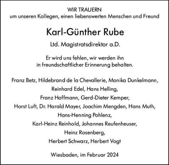 Traueranzeige von Karl-Günther Rube von Wiesbadener Kurier