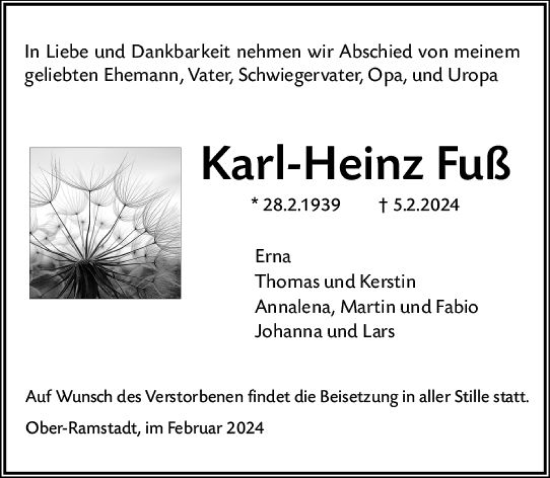 Traueranzeige von Karl-Heinz Fuß von Darmstädter Echo