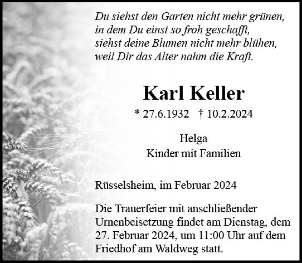  Traueranzeige für Karl Keller vom 17.02.2024 aus Rüsselsheimer Echo