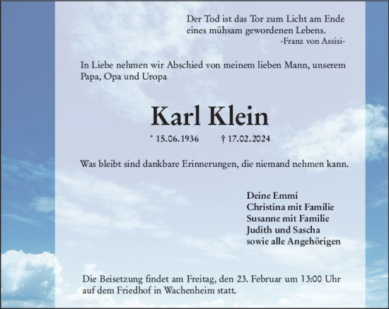Traueranzeige von Karl Klein von Wormser Zeitung