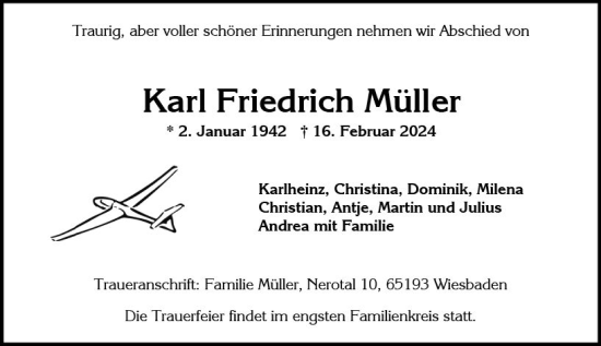 Traueranzeige von Karl Müller von Wiesbadener Kurier