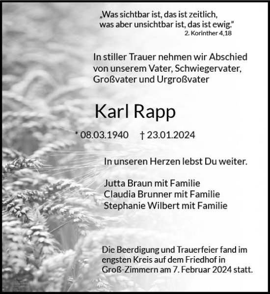 Traueranzeige von Karl Rapp von Darmstädter Echo