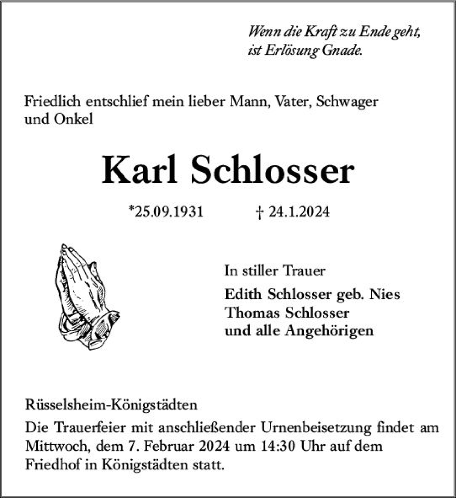  Traueranzeige für Karl Schlosser vom 03.02.2024 aus Rüsselsheimer Echo