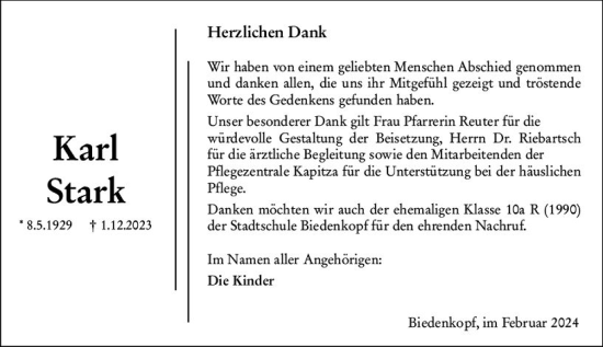 Traueranzeige von Karl Stark von Hinterländer Anzeiger