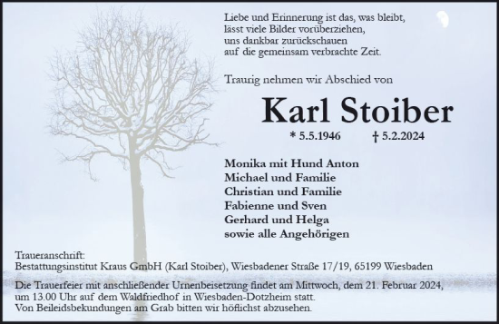 Traueranzeige von Karl Stoiber von Wiesbadener Kurier