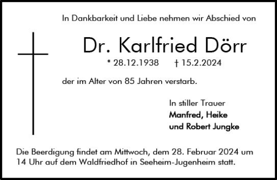 Traueranzeige von Karlfried Dörr von Darmstädter Echo